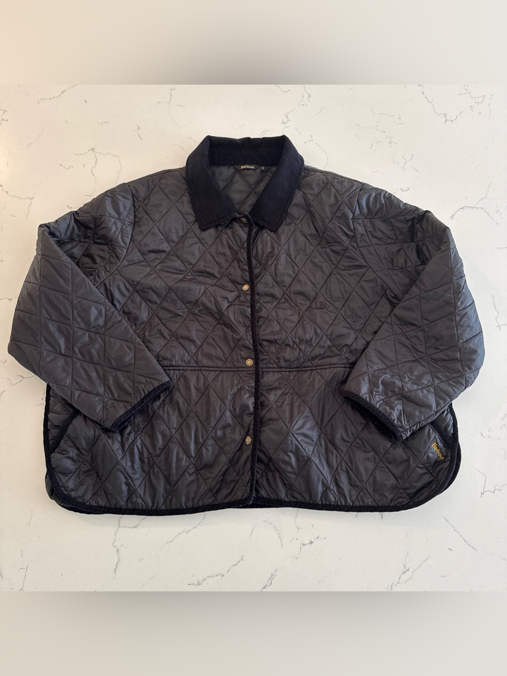 Barbour Black Quilted Jacket Womens Long Sleeve Snap Front Courduroy Collar